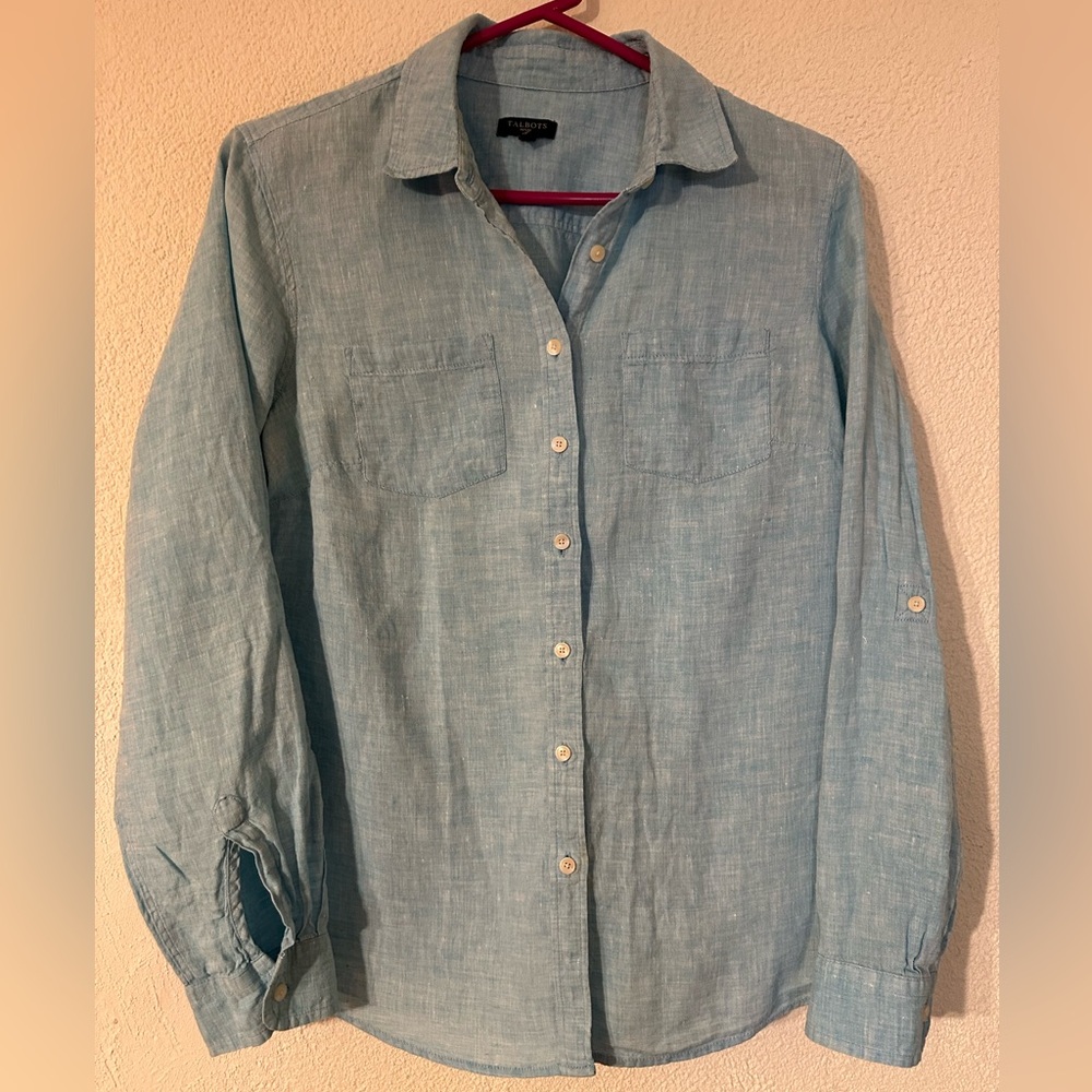 Talbots Petites Shirt 100% Linen Lt. Blue Button Up Women Roll Tab Long Sleeve M